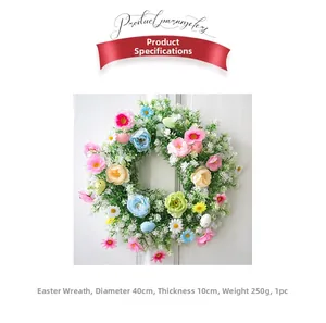 Close-up of Easter wreath with colorful eucalyptus, eggs, and flowers on white door