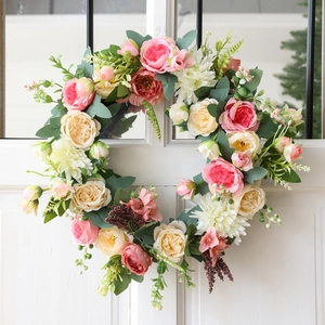 Couronne de Fleurs Artificielles Pivoines Roses Décoration Maison Suspension Murale Porte Style Européen Mariage Fête