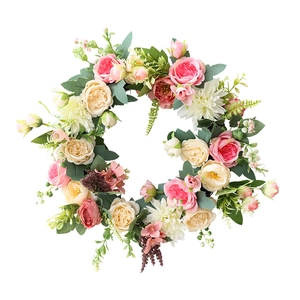 Couronne de pivoines et roses artificielles en soie pour décoration murale et de porte