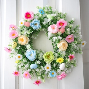 Guirnalda de Pascua Flores Artificiales de Primavera Guirnalda de Eucalipto Con Huevos Moteados Coloridos Para Puerta Decoración