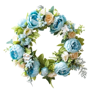 Blue artificial peony wreath with lush green leaves for wedding door decoration