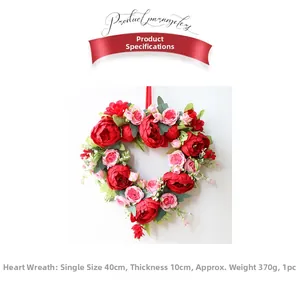 Detail of 40cm heart-shaped peony wreath with vibrant pink and red silk flowers