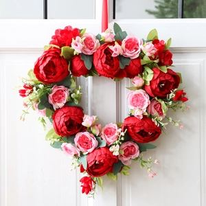 Romantic Heart Shaped Artificial Peony Flower Wreath With Satin Ribbon For Wedding Valentines Day Front Door Home Wall Decor