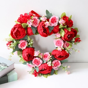Heart-shaped artificial peony wreath with red silk ribbon for home wedding wall decor