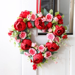 Heart-shaped wreath with red and pink peonies for wedding home door wall decoration