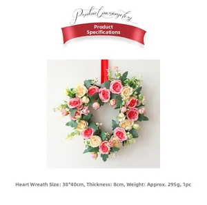 Detail showing artificial rose heart wreath dimensions 38x40cm with red hanging ribbon