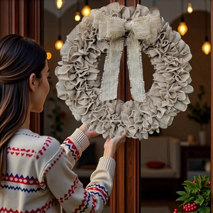 Details eines Bauernhaus-Sackleinenkranzes mit Schleife an einer Glastür mit warmer Beleuchtung