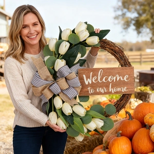 Artificial tulip eucalyptus wreath with farmhouse bow and wooden welcome sign held by model