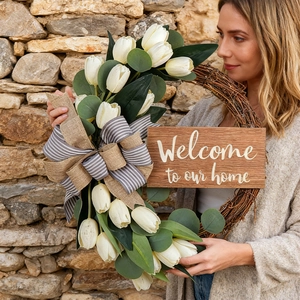 Artificial White Tulip Eucalyptus Wreath With Welcome Wood Sign Linen Bow Rustic Farmhouse Home Wall Front Door Decoration