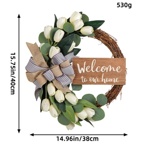 Artificial tulip wreath with eucalyptus leaves, burlap bow and welcome sign for door