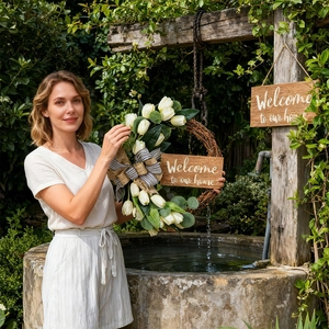 Detail of tulip wreath with checkered bow and Welcome To Our Home wooden sign