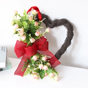 Guirnalda de Rosas Artificiales en Forma de Corazón Lazo Rojo Base de Ratán Decoración Pared Puerta Casa Regalo