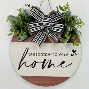 30cm wooden welcome sign with bow and greenery for home wall decor, rustic style