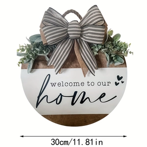 30cm wooden welcome door sign with striped bow and eucalyptus leaf decoration