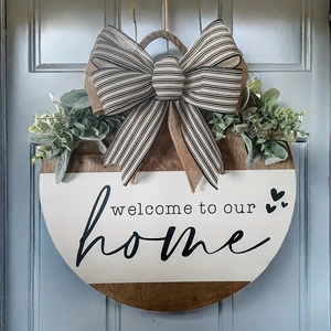 30cm wooden welcome sign with striped bow and eucalyptus for farmhouse home decor