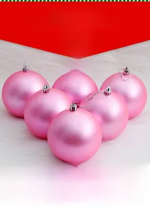Detailed set of six pink matte Christmas baubles with silver caps on white faux fur base