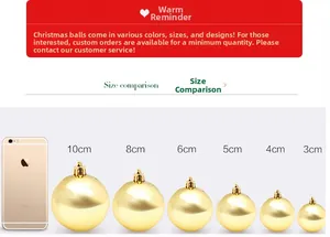 Size comparison of gold Christmas balls from 3cm to 10cm relative to a phone scale