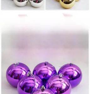 Close-up of shiny 8cm purple, silver and gold Christmas ornaments with metallic finish