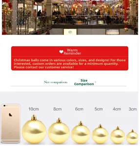 Size comparison chart for red Christmas ornaments showing 3cm to 10cm ball diameters