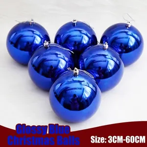 Glossy bright blue Christmas ball ornaments with silver hooks in various sizes, 3cm to 60cm