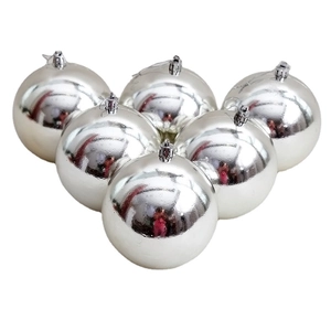 Set of six 10cm bright silver Christmas balls with reflective mirror finish and hanging strings