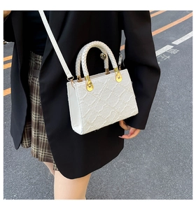 Close-up of a white woven texture square handbag with golden hardware and top handle