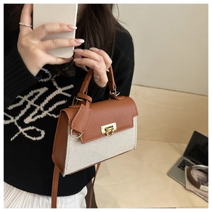 Lifestyle shot of a vintage brown and cream crossbody bag with gold square clasp lock