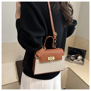 Brown leather and beige canvas拼接 crossbody Kelly bag worn by a model in a casual setting
