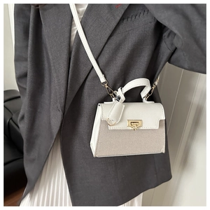 Detail of two-tone square bag with lychee texture and gold swivel lock worn by a model