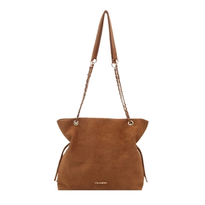 Brown suede bucket bag with chain strap and drawstring closure for women