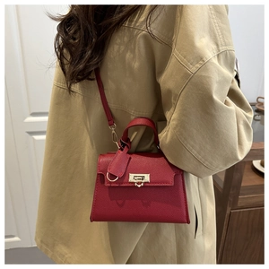 Detail of red pebbled leather mini handbag with gold hardware worn by a model