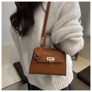 Nahaufnahme der braunen Handtasche mit Litschi-Muster und goldenem Drehverschluss am Model