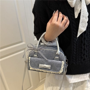 Gray sequin denim mini pillow bag with silver bow, lace trim and gingham ribbon