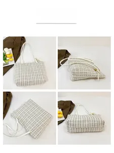 Detailansichten der karierten Tweed-Tragetasche mit Perlenkette und PU-Griffen