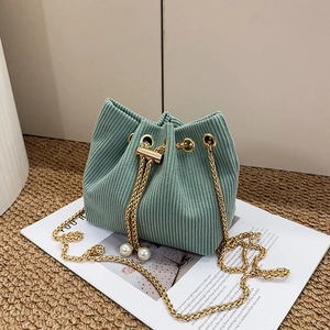 Borsa a Secchiello in Velluto a Coste da Donna Moda Catena Oro Tracolla Decoro Perle Coulisse Crossbody Bag Casual Vintage