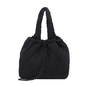 Large black heart-quilted dumpling tote bag with drawstring closure and soft padded handles