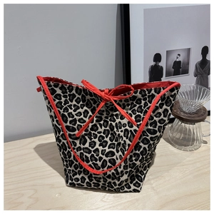 Leopard Print Canvas Tote Bag Large Capacity Drawstring Bow Chic Commuter Shoulder Handbag And Pouch