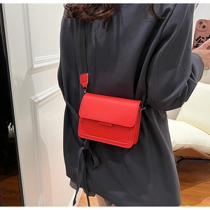 Detail of red square crossbody bag with wide black strap and matching leather buckle decoration