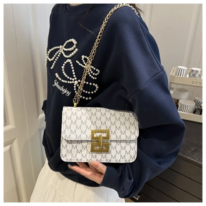 White chain shoulder bag with gray M pattern and gold metal clasp shown on model