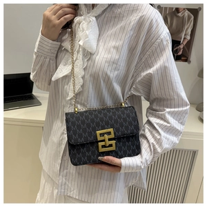 Detail of gray monogrammed crossbody bag with gold chain strap and stylish buckle closure