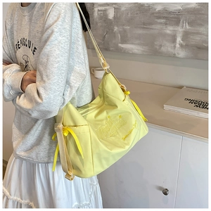 Large capacity lemon yellow nylon shoulder bag with Michigan embroidery for women