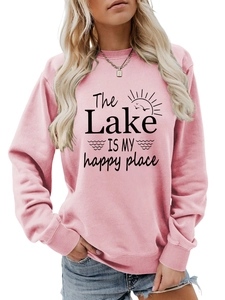 Detail of pink crewneck sweatshirt with 'The Lake IS MY happy place' graphic print