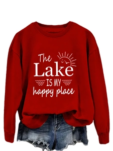 Close-up of red long sleeve sweatshirt with white The Lake IS MY happy place print