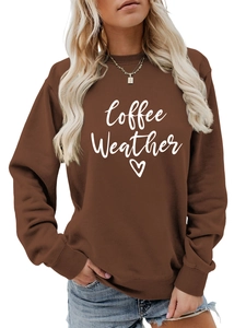 Detail of Coffee Weather print and heart graphic on dark brown casual sweatshirt