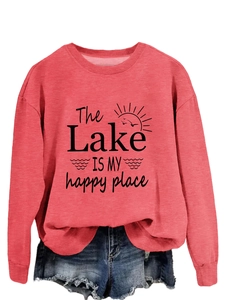 Close-up of 'The Lake IS MY happy place' print on red crewneck long sleeve sweatshirt