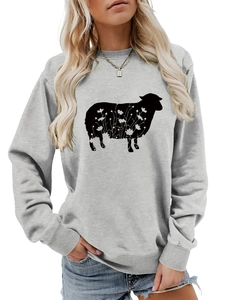 Detail view of light grey crewneck sweatshirt with black sheep and floral graphic print
