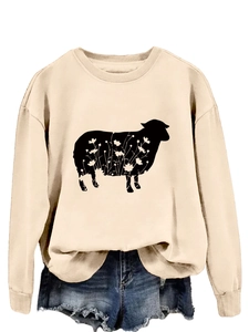 Detailed view of beige crewneck sweatshirt with a floral sheep silhouette graphic