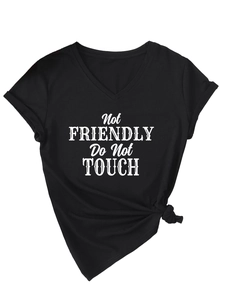 Detail of V-neck cotton T-shirt with 'Not Friendly Do Not Touch' print and side knot