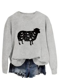 Detail of grey crewneck sweatshirt featuring a black sheep silhouette with floral print