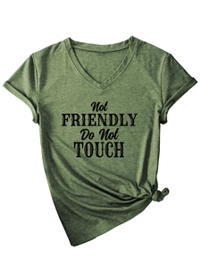 Detail of V-neck dark green t-shirt with Not Friendly Do Not Touch print and side knot